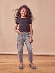 Charcoal Mom Sequin Embellished 100% Cotton Jeans (3-16yrs) - Image 2 of 5