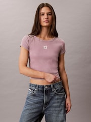 Calvin Klein Purple Slim Ribbed Washed Cotton T-Shirt - Image 1 of 6