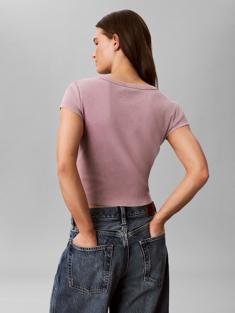 Calvin Klein Purple Slim Ribbed Washed Cotton T-Shirt - Image 2 of 6