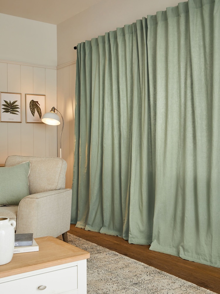 Sage Green Washed Cotton Linen Hidden Tab Top Lined Curtains - Image 2 of 5 Sage Green Washed Cotton Linen Hidden Tab Top Lined Curtains - Image 2 of 5