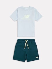 New Balance Teal Blue Stacked Logo T-Shirt & FT Shorts Set - Image 1 of 3