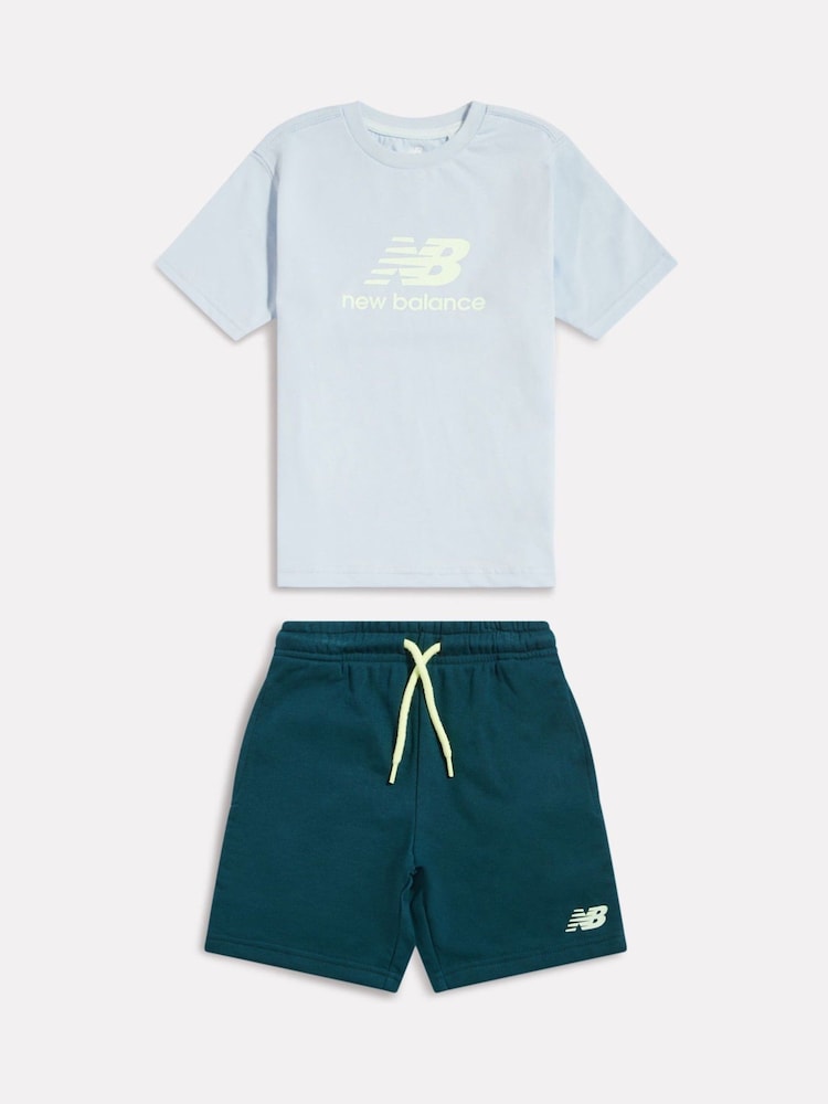 New Balance Teal Blue Stacked Logo T-Shirt & FT Shorts Set - Image 1 of 3