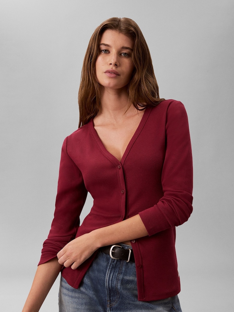 Calvin Klein Red Slim Ribbed Cotton Cardigan - Image 1 of 6