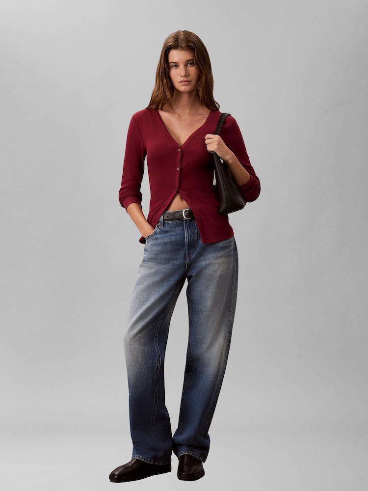 Calvin Klein Red Slim Ribbed Cotton Cardigan - Image 2 of 6