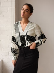 Monochrome Print V-Neck Contrast Stitch Long Sleeve Blouse - Image 1 of 7