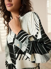 Monochrome Print V-Neck Contrast Stitch Long Sleeve Blouse - Image 5 of 7