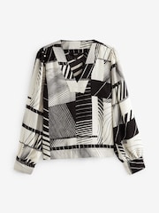 Monochrome Print V-Neck Contrast Stitch Long Sleeve Blouse - Image 6 of 7
