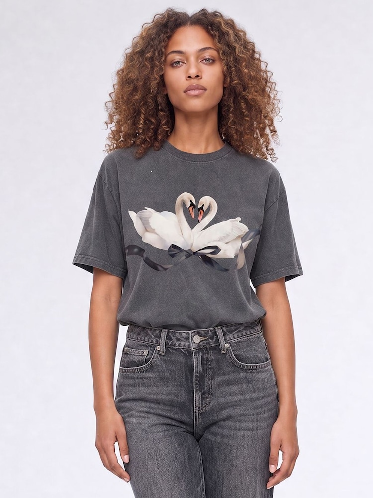 Brands In Black Swan Ribbon Washed T-Shirt - Image 1 of 4 Brands In Black Swan Ribbon Washed T-Shirt - Image 1 of 4