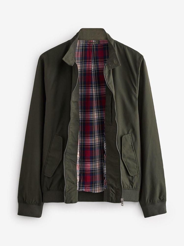 Khaki Green Shower Resistant Check Lining Harrington Jacket - Image 2 of 5