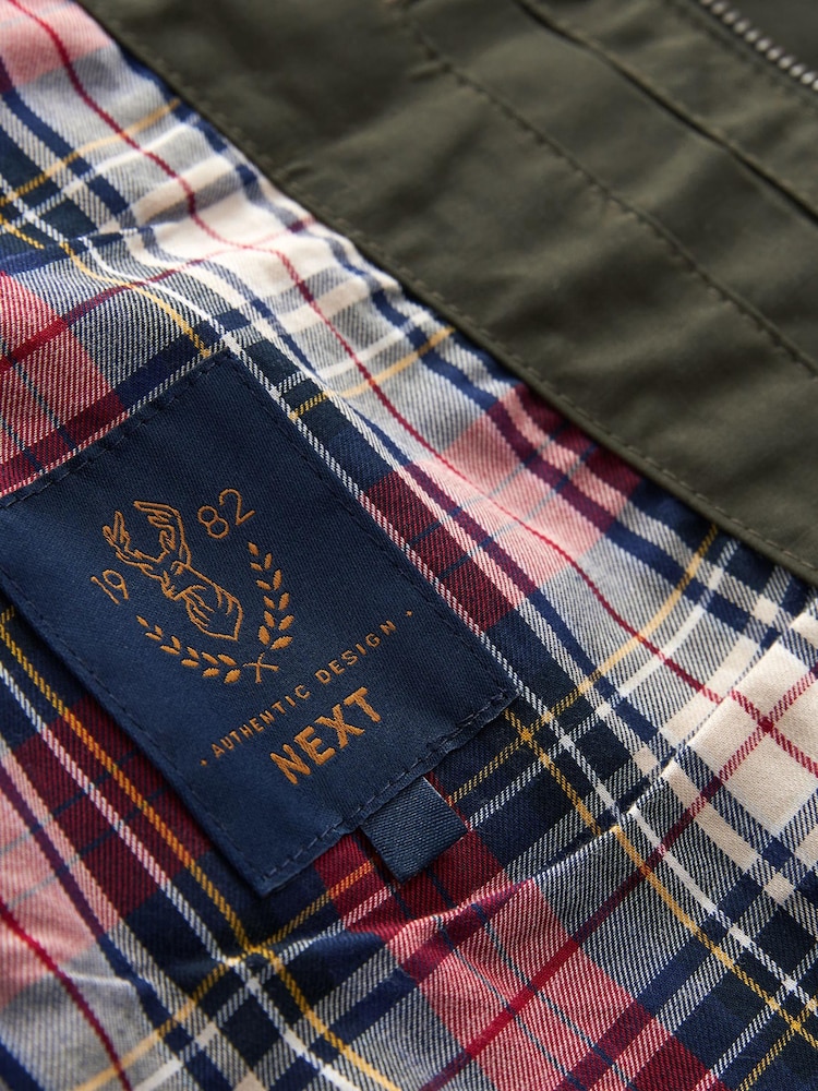 Khaki Green Shower Resistant Check Lining Harrington Jacket - Image 4 of 5