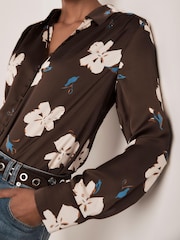 Mint Velvet Brown Satin Floral Print Shirt - Image 5 of 7