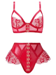 Ann Summers Red Ecstatic PU & Floral Embroidery Crotchless Set - Image 5 of 5