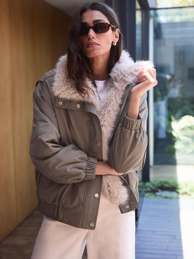 Mint Velvet Green Faux Fur Lined Bomber Jacket - Image 1 of 8