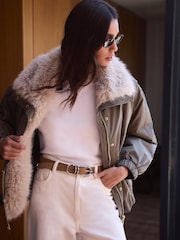 Mint Velvet Green Faux Fur Lined Bomber Jacket - Image 4 of 8