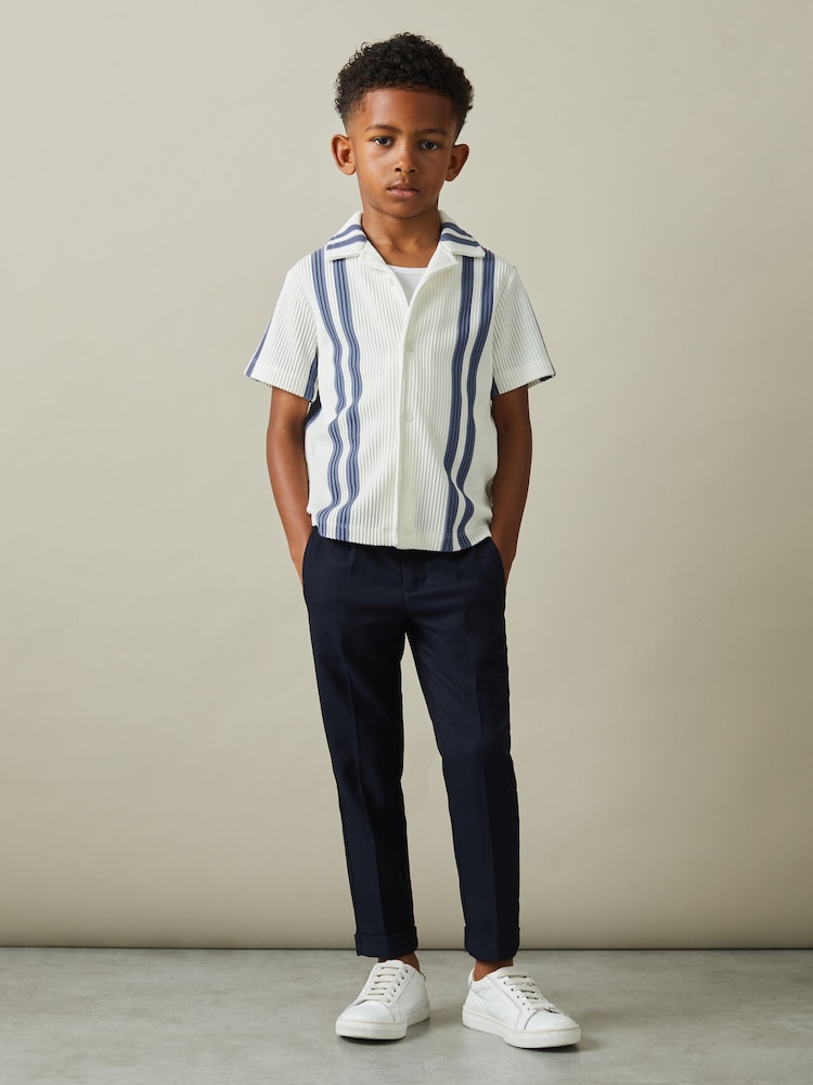Reiss White/Airforce Blue Castle 3-9 yrs Ribbed Cuban Collar Shirt - Image 1 of 6