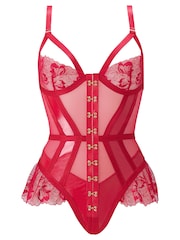 Ann Summers Red Ecstatic PU & Floral Embroidery Crotchless Teddy - Image 5 of 5