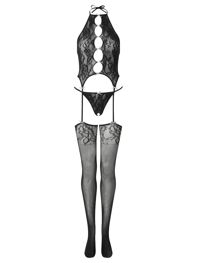 Ann Summers Black/Pink Flirty Affair Fishnet Crotchless Bodystocking Set - Image 6 of 6