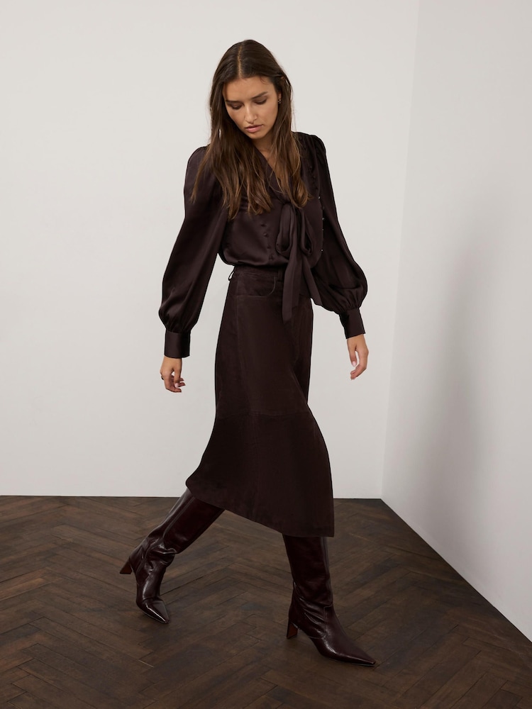 Mint Velvet Brown Suede Pencil Midi Skirt - Image 2 of 8 Mint Velvet Brown Suede Pencil Midi Skirt - Image 2 of 8