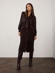 Mint Velvet Brown Suede Pencil Midi Skirt - Image 5 of 8