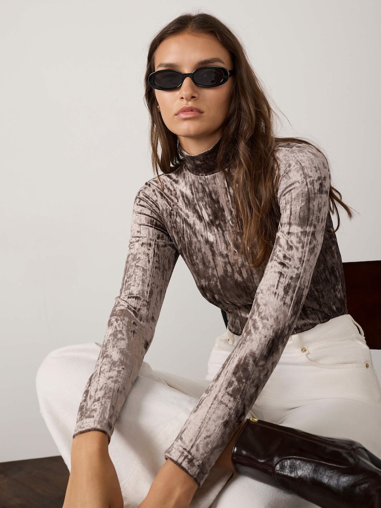 Mint Velvet Brown Velvet High Neck Top - Image 1 of 8 Mint Velvet Brown Velvet High Neck Top - Image 1 of 8