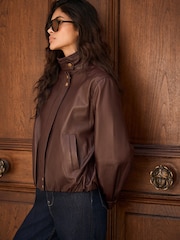 Mint Velvet Red Funnel Neck Leather Jacket - Image 6 of 8