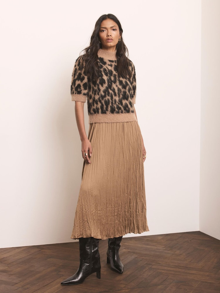 Mint Velvet Brown Leopard Print 2-In-1 Midi Dress - Image 1 of 7