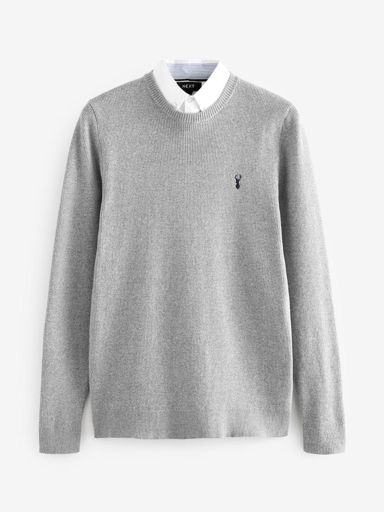 Grey Oxford Crew Neck Regular Mock Shirt Jumper - Image 5 of 7