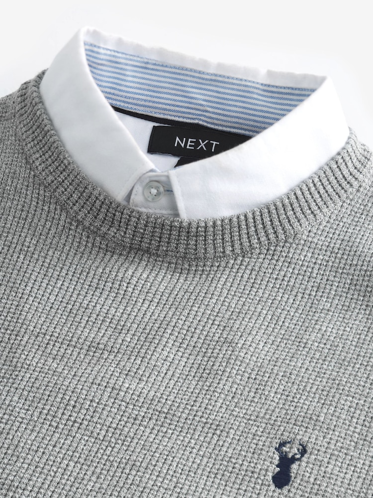 Grey Oxford Crew Neck Regular Mock Shirt Jumper - Image 6 of 7