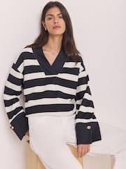 Blau - Mint Velvet Cotton V-Neck Button Detail Sweatshirt - Bild 1 von 8