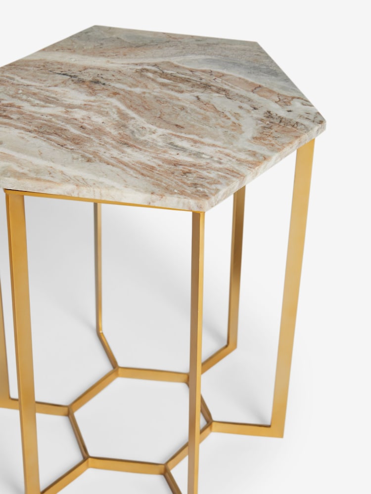 Brass Hexagon Marble Side Table - Image 2 of 5