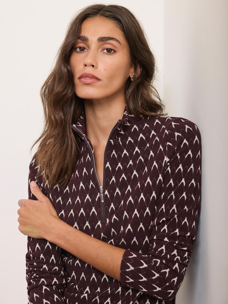 Mint Velvet Red Jacquard Half Zip Top - Image 2 of 7 Mint Velvet Red Jacquard Half Zip Top - Image 2 of 7