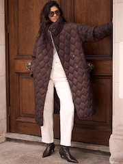 Mint Velvet Brown Quilted Funnel Neck Longline Parka Coat - Image 1 of 7