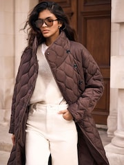Mint Velvet Brown Quilted Funnel Neck Longline Parka Coat - Image 3 of 7