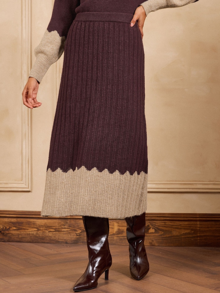 Love & Roses Burgundy Red and Beige Cosy Knitted Skirt - Image 1 of 4 Love & Roses Burgundy Red and Beige Cosy Knitted Skirt - Image 1 of 4