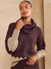 Love & Roses Burgundy Red and Beige Role Neck Cosy Knitted Jumper - Image 1 of 4