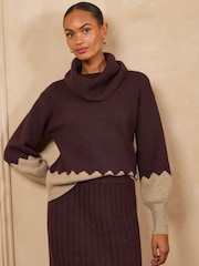 Love & Roses Burgundy Red and Beige Role Neck Cosy Knitted Jumper - Image 2 of 4