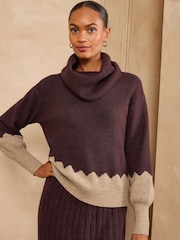 Love & Roses Burgundy Red and Beige Role Neck Cosy Knitted Jumper - Image 3 of 4