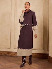 Love & Roses Burgundy Red and Beige Role Neck Cosy Knitted Jumper - Image 4 of 4