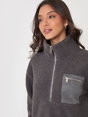 Threadbare Grey Half Zip Borg Fleece - Image 4 of 5