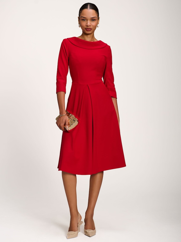 Jolie Moi Red Roll Neck ¾ Sleeve Midi Dress - Image 1 of 6