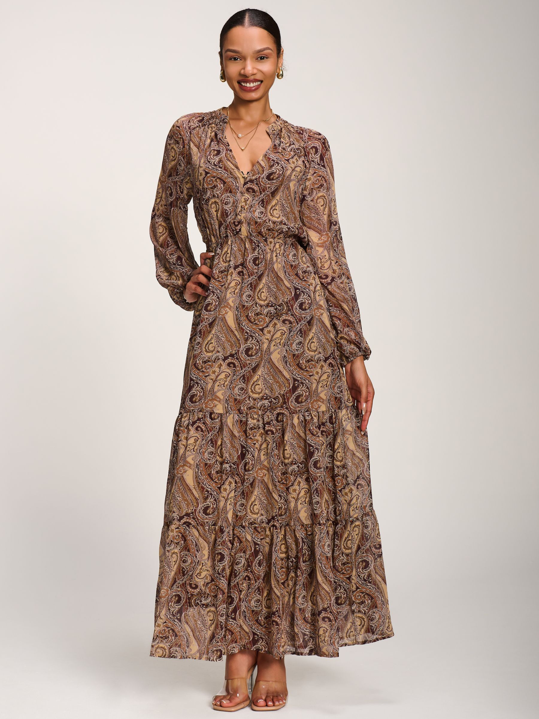 Buy Jolie Moi Brown Long Sleeve Paisley Chiffon Maxi Dress from