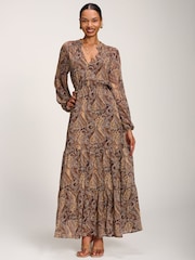 Marrón - Vestido largo de gasa con estampado de cachemira y manga larga de Jolie Moi - Imagen 1 de 6