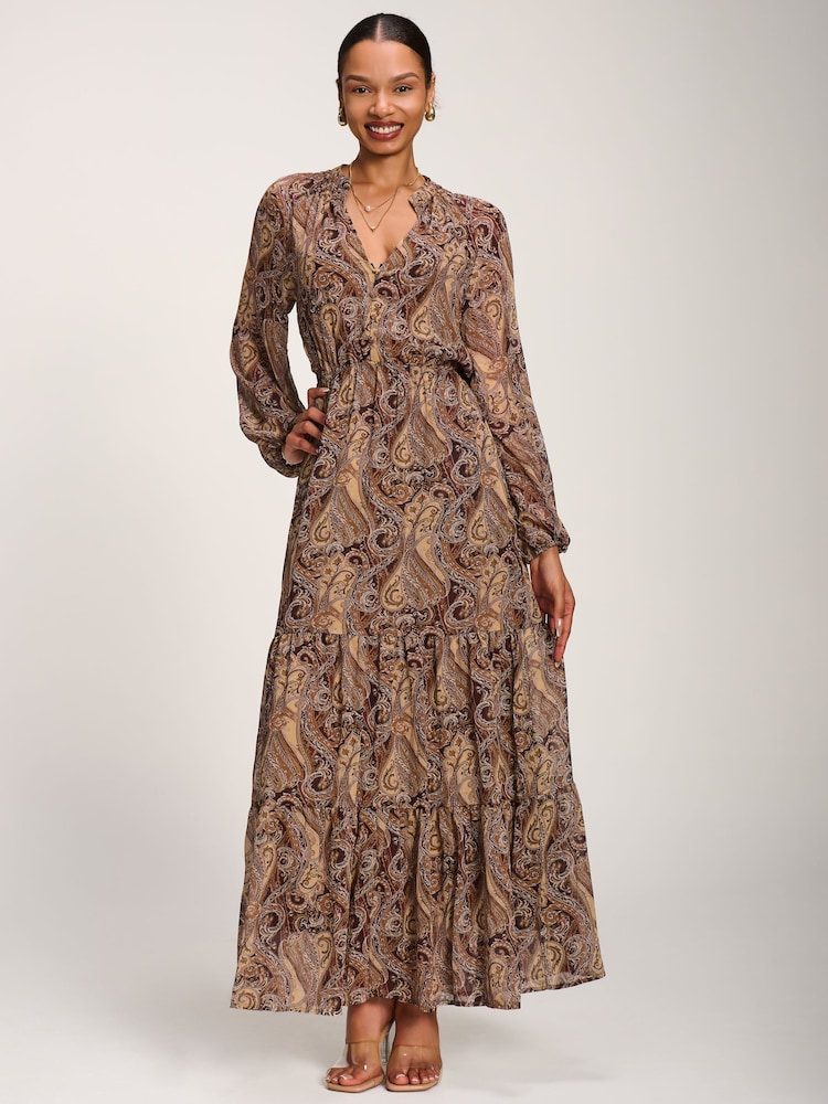 Marrón - Vestido largo de gasa con estampado de cachemira y manga larga de Jolie Moi - Imagen 1 de 6