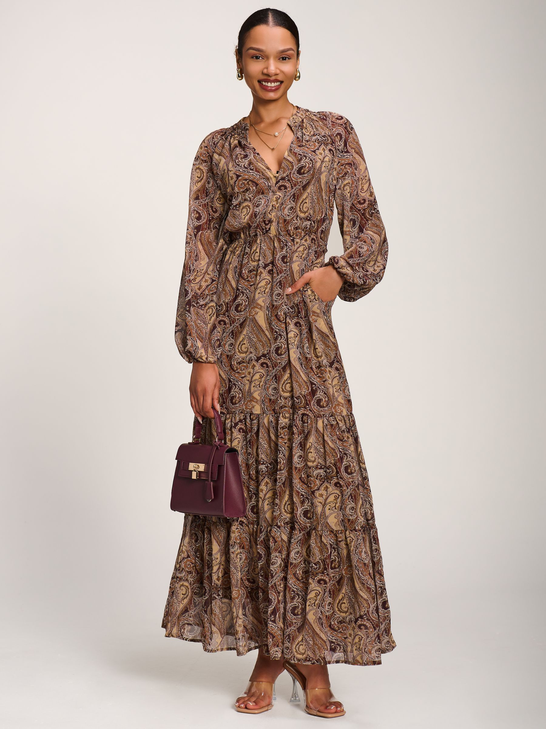 Buy Jolie Moi Brown Long Sleeve Paisley Chiffon Maxi Dress from