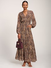 Marrón - Vestido largo de gasa con estampado de cachemira y manga larga de Jolie Moi - Imagen 4 de 6