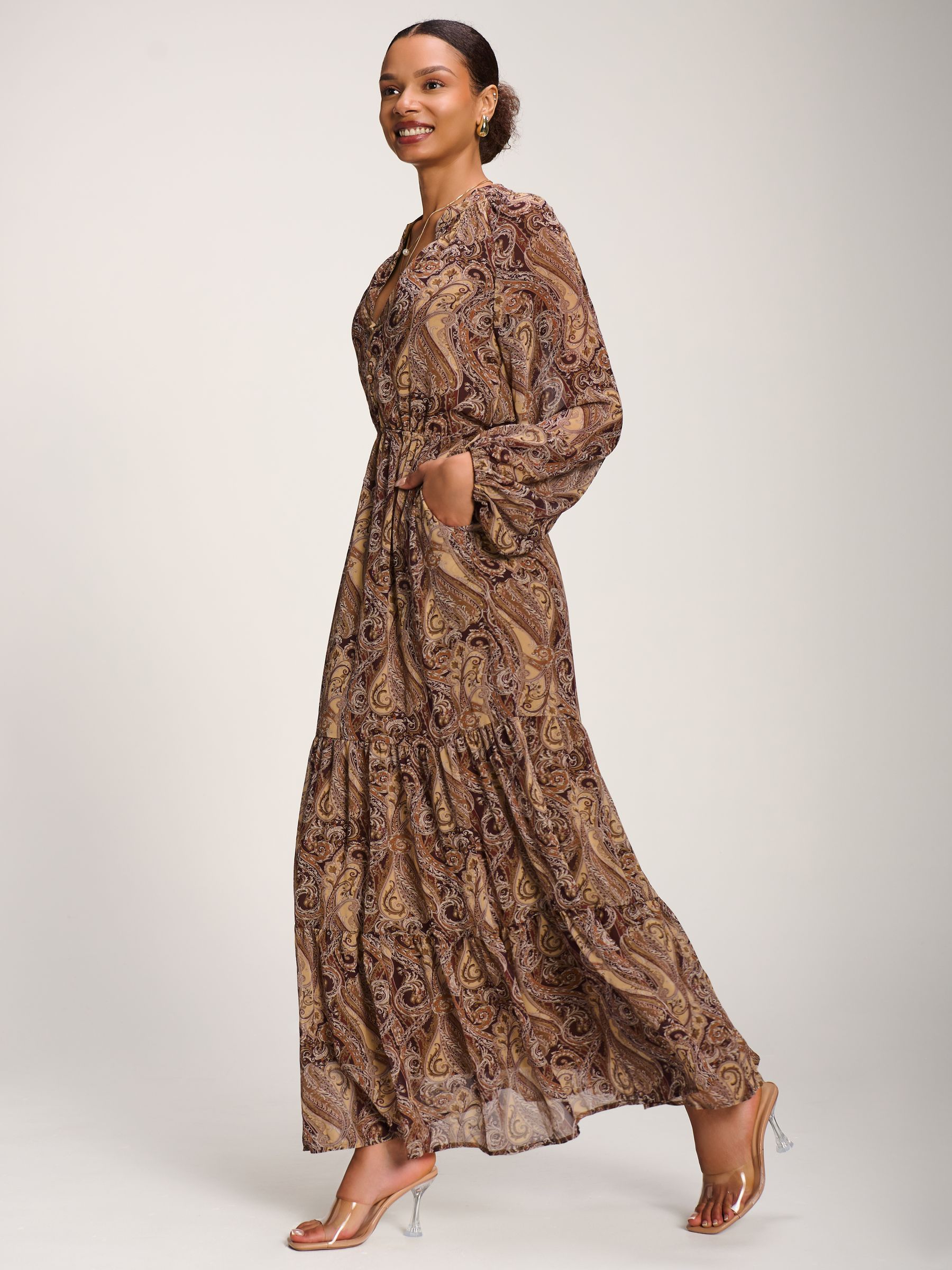Buy Jolie Moi Brown Long Sleeve Paisley Chiffon Maxi Dress from