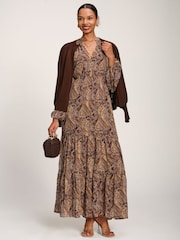Marrón - Vestido largo de gasa con estampado de cachemira y manga larga de Jolie Moi - Imagen 6 de 6