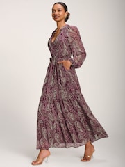 Rojo - Vestido largo de gasa con estampado de cachemira y manga larga de Jolie Moi - Imagen 4 de 6