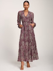 Rojo - Vestido largo de gasa con estampado de cachemira y manga larga de Jolie Moi - Imagen 6 de 6