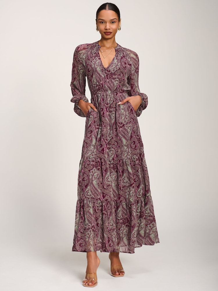 Rojo - Vestido largo de gasa con estampado de cachemira y manga larga de Jolie Moi - Imagen 6 de 6